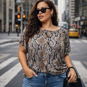 Snake Print Draped Oversized Top Brown Tan Boho Chic Zara Anthro Y2K Batwing L